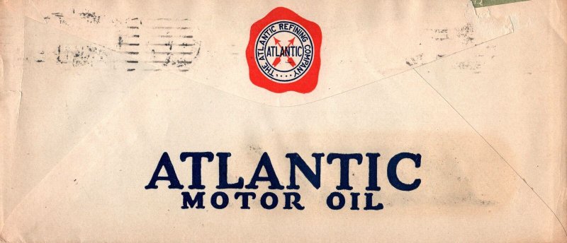 1928 CORNER CARD ATLANTIC MOTOR OIL ADVERTISING ON REAR 2c COIL STAMP SLOGAN