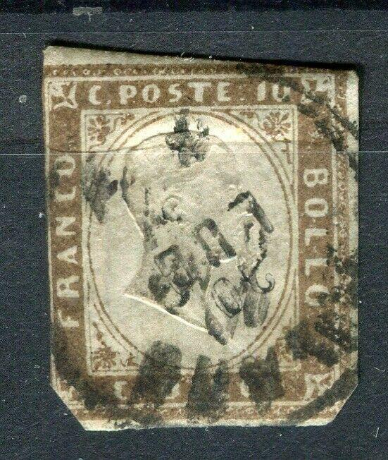 ITALY; SARDINIA 1855 Scarce dark bronze brown Shade of imperf 10c. used value