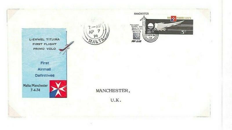 MALTA Air Malta First Flight Cover GB Manchester 1974 Original Album Page AQ473