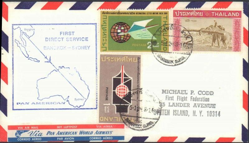 1968 THAILAND MULTI STAMP FIRST FLIGHT TO SYDNEY AUSTRALIA PAN AMERICAN