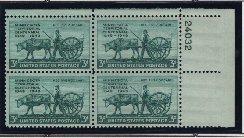 US, 981, MNH, PLATE BLOCK, 1949, MINNESOTA TERRITORY