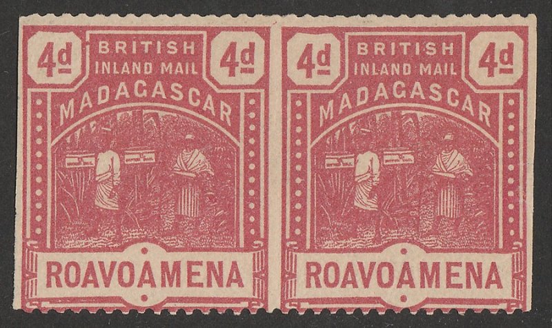 MADAGASCAR - BRITISH CONSULAR 1895 Runners 4d red pair IMPERF vertically. 
