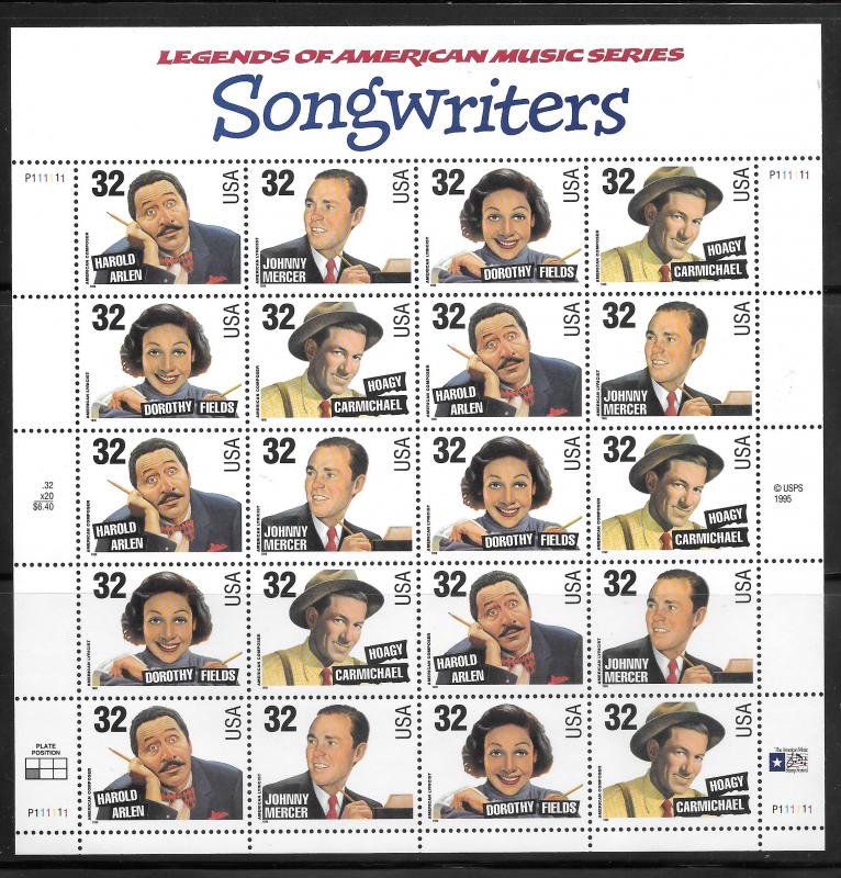 STAMP STATION PERTH-USA # 3100-3103 MS Songwriters Plate P111111 Various Positio