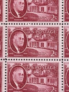 1945 sheet of postage stamps, 2-cent Roosevelt, Sc# 931 