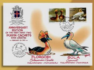 Anniversary Reprint of the First Puffin Cachet from 1991 on Official Iceland FDC