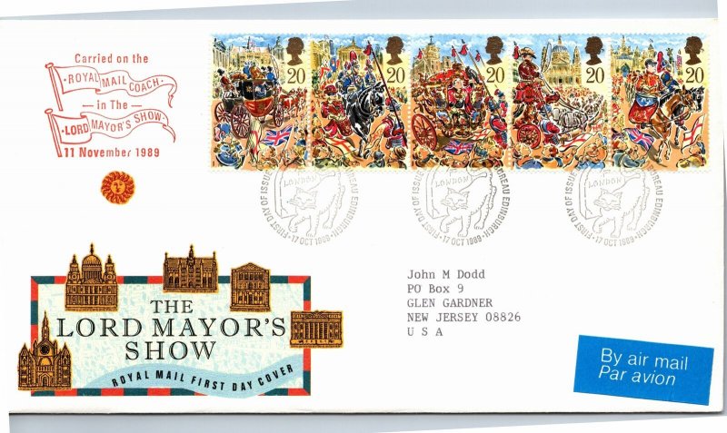 GREAT BRITAIN THE LORD MAYOR'S SHOW SET OF 5 SETENANT STRIP ON CACHET FDC 1989