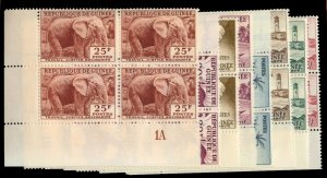 Guinee #181-187 Cat$24.80, 1959 1fr-25fr, complete set in blocks of four, nev...