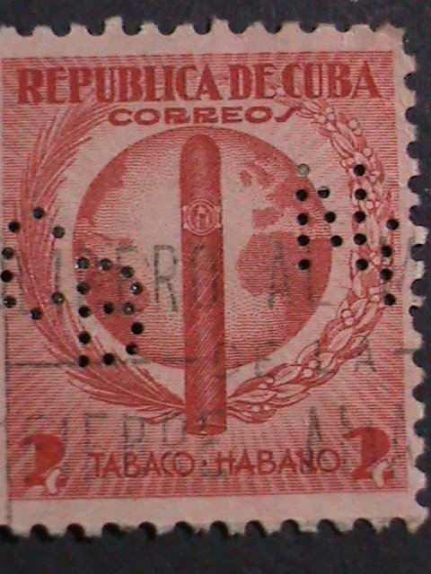 ​CUBA 1939 -SC#357-  83  YEARS OLD USED STAMP-CUBA CIGAR & GLOBE WITH PERFIN