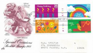 1988 FDC, #2398a, 25c Special Occasions, Art Craft, plate block of 4