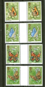 Great Britain # 941-44 Butterflies  GUTTER PAIRS  (4) Mint NH