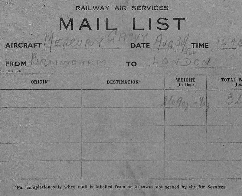 BG19 GB AVIATION 1934 RAILWAY AIR SERVICES Original*Mail List* BIRMINGHAM Flight