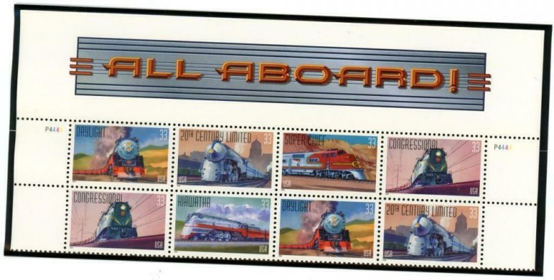  US  3333-37  All Aboard! 33c - Header Plate Block of 8 - MNH - 1999 - P4444