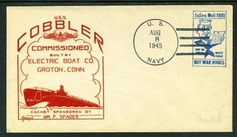 USS COBBLER Submarine Cachet - 1945 with NAVY FREE STAMP!!!