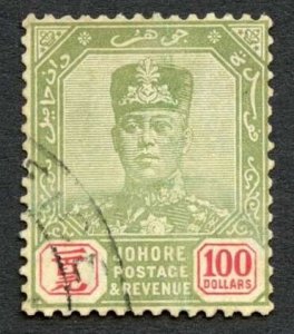 Johore SG127 One Hundred Dollars Green (faded) and Scarlet Fiscal pmk