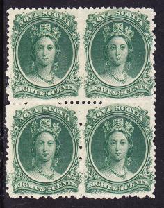 Nova Scotia 1860 8 1/2c QV green Block of 4 white & yellowish paper NH/F/VF