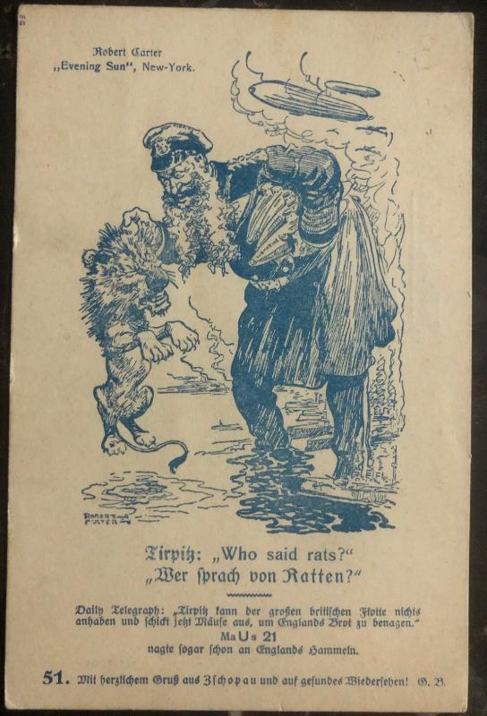 1915 Feldpost Germany Patriotic Postcard Cover Who Said Rats ? Evening Sun WWI