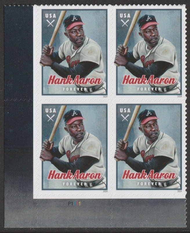 US 5908 Hank Aaron F plate block 4 LL MNH 2024