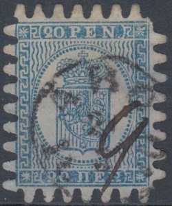 FINLAND Sc #9: 20P BLUE BLACK SERPENTINE ROULETTE, WITH a PEN and TOWN CANCEL