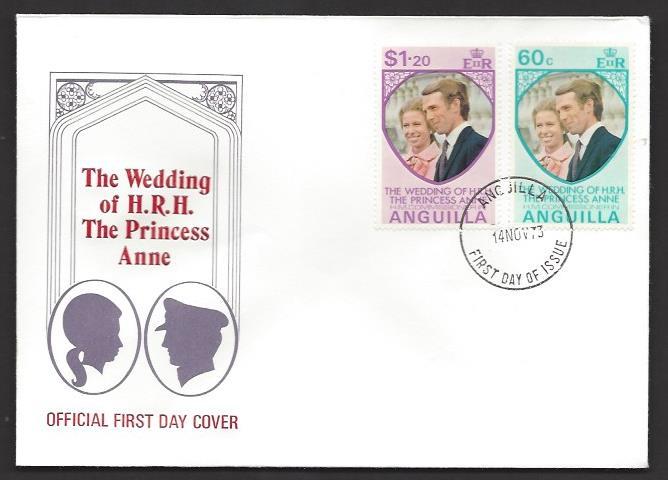 ANGUILLA 1973 Princess Anne Wedding Set on Cachet FDC Sc 179-180