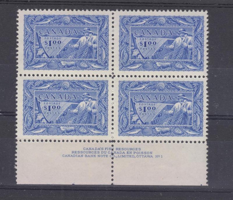 CANADA # 302 VF-MNH PLATE BLOCK OF 4 $1 FISHES CAT VALUE $300