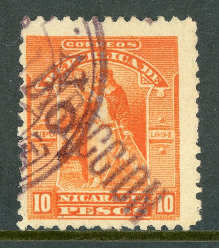 Nicaragua 1894 Seebeck 10 Pesos Victory Scott #70 VFU Z377 ⭐