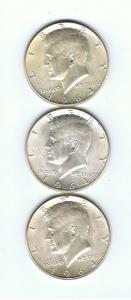 THREE 1964 KENNEDY SILVER HALVES 