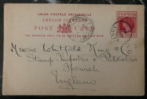 1901 Kandy Ceylon Vintage Stationary Postcard Cover To Gloswich England