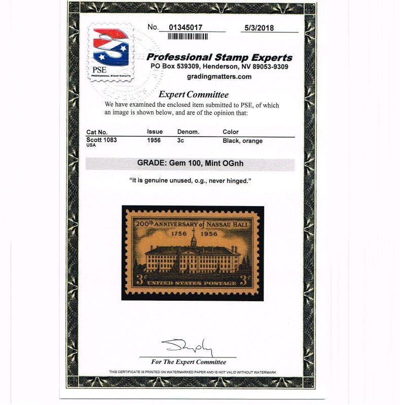 EXCEPTIONAL GENUINE SCOTT #1083 MINT PRISTINE OG NH PSE CERT GRADED GEM 100