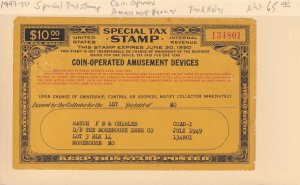 Special Tax Stamp, 1949-50 $10 Coin-Operated Gaming Devises (54161)