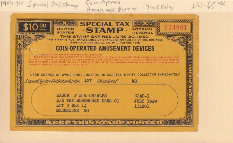 Special Tax Stamp, 1949-50 $10 Coin-Operated Gaming Devises (54161)