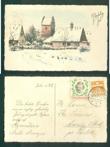 Denmark. 1942 Christmas Card, Seal + 6 Ore. Hundstrup. Town In Snow, Church.