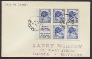 1954 #336a 5c Beaver Booklet Pane FDC Uncacheted Cover Barrie ONT CDS