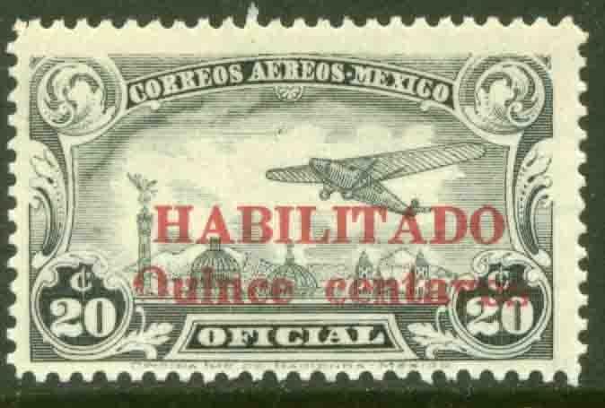 MEXICO CO16, 15cts on 20cts HABILITADO OFFICIAL AIR MAIL, UNUSED, NG. F-VF.