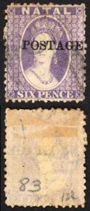 Natal SG83 6d Violet Wmk CC Opt POSTAGE (Davis) Cat 9 pounds