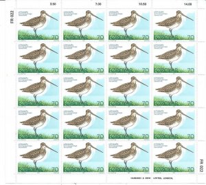 Faroe  Islands #28 70o Snipe SHEET of 20 (MNH) CV $5.00