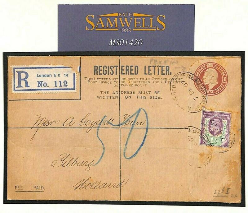 GB KEVII PERFIN STATIONERY 1907 Registered Cover Tilburg {samwells-covers}MS1420