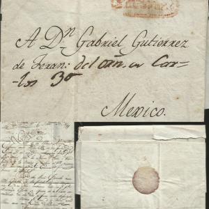 J) 1800 MEXICO, COLONIAL MAIL, RED CANCELLATION, COMPLETE LETTER, CIRCULATED COV