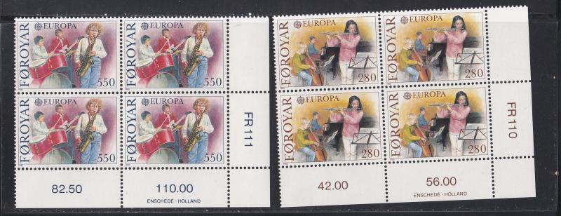 Faroe Islands # 125-126, Europa - Musicians, Corner Blocks of Four NH, 1/3 Cat.