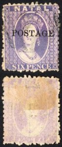 Natal SG83 6d Violet Wmk CC Opt POSTAGE (Davis) Cat 9 pounds