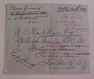 IRAN TO LONDON IRAQ TRANSIT B/S LONDON 2 FORWARDED THEN TO TRINIDAD 1936