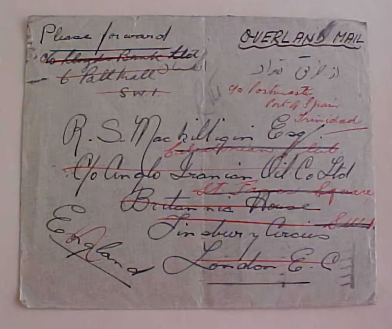 IRAN TO LONDON IRAQ TRANSIT B/S LONDON 2 FORWARDED THEN TO TRINIDAD 1936