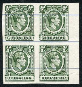 Gibraltar SG121 KGVI 1/2d Green Printers Proof IMPERF on No Wmk Blue-Lined paper
