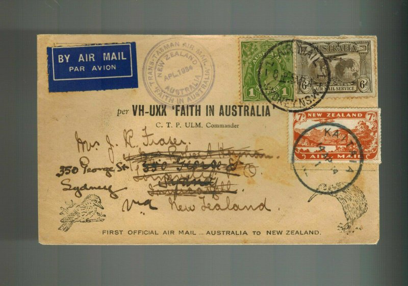 1934 FAith in Australia to New Zealand FFC First Flight Cover VH UXX Mixed Frank