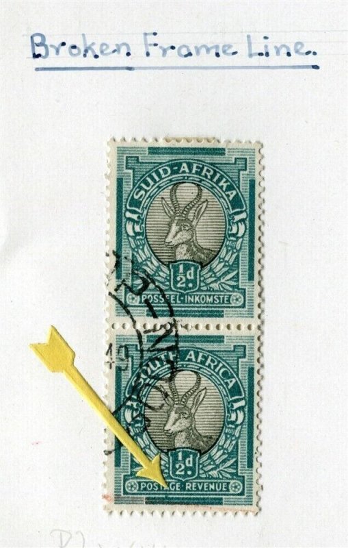 SOUTH AFRICA; 1937 early Springbok issue 1/2d. Pair used PLATE FLAW VARIETY