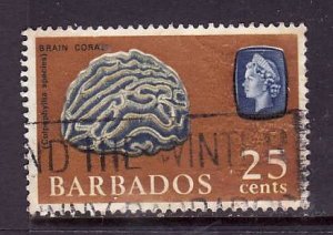 Barbados-Sc#276-used 25c yellow brown & ultra brain coral-id2-Marine Life-1965-