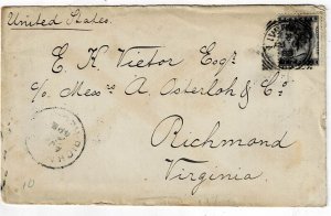 Great Britain 1883 Liverpool squared circle cancel on cover to the U.S., SG 169