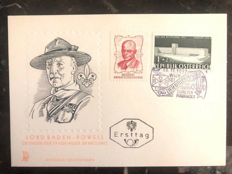 1957 Vienna Austria First Day Postcard Cover FDC Lord Baden Powell Scouts