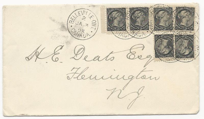 Canada Scott #34 x6 Tied on Cover Belleville Ontario January 13, 1893