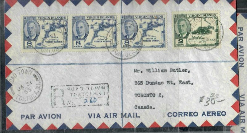 VIRGIN ISLANDS COVER (P0407B)  1955 KGVI 8C MAP X3+2C REG A/M ROADTOWN TO CANADA