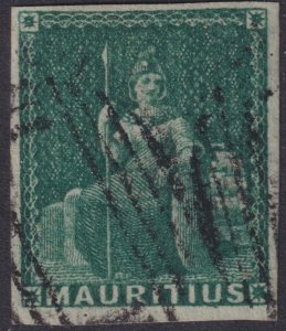 Sc# 9 Mauritius 1858 Britannia green (bluish) 4 pence issue used CV $225.00